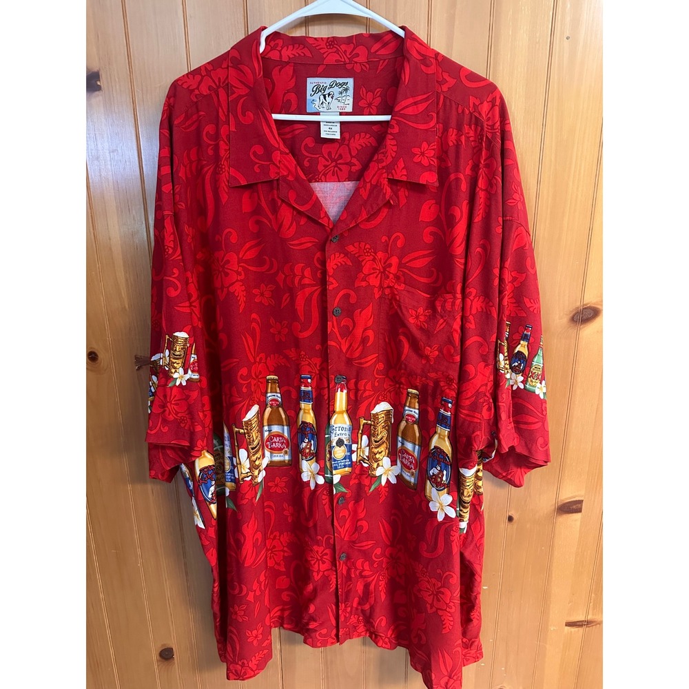 Big Dogs Mens 4X Red Hawaiian Shirt Beer Bottle Tiki Graphic Rayon Camp Shirt